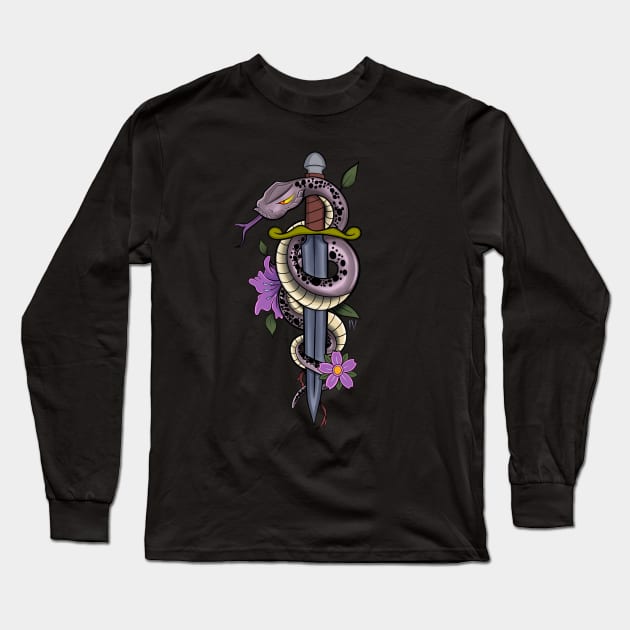 Snake and Dagger Tattoo Flash Long Sleeve T-Shirt by Space Truck